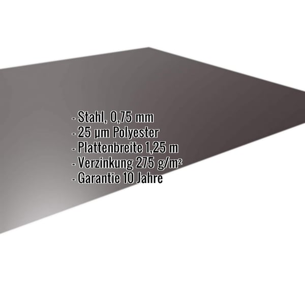 Flachblech Stahl 0,75 mm schokoladenbraun RAL 8017 mit 25 µm Polyesterbeschichtung und Eckdaten-Einblendung