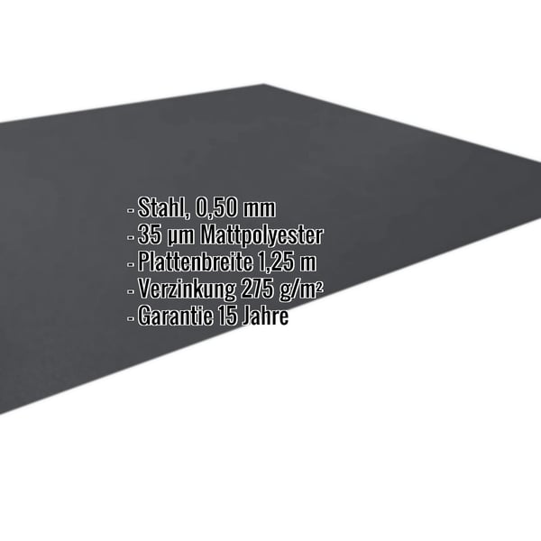 Flachblech Stahl 0,50 mm dunkelgrau Mattpolyester, Eckdaten wie Material, Staerke, Beschichtung eingeblendet