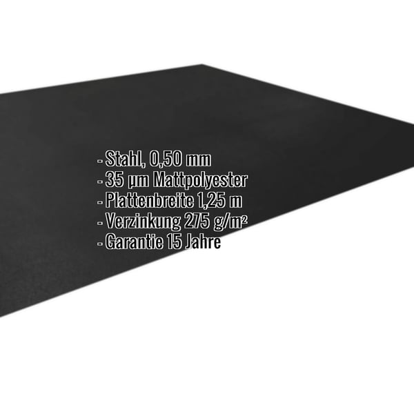 Flachblech Stahl 0,50 mm Schwarz Mattpolyester mit eingeblendeten Eckdaten