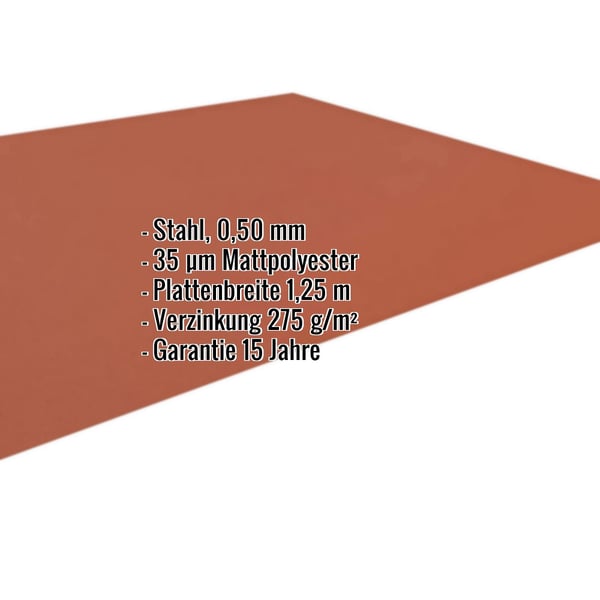 Flachblech Ziegelrot RAL 8004, 0,50 mm Stahl, mit Eckdaten-Liste eingeblendet