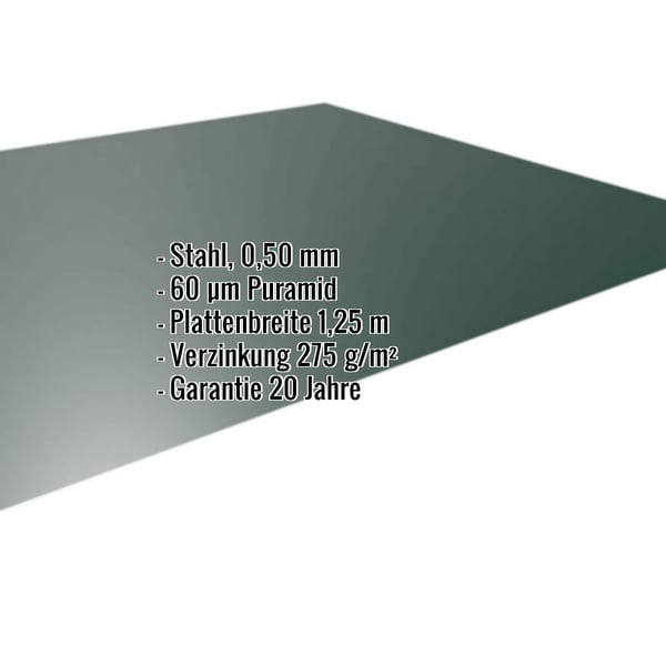 Flachblech Stahl 0,50 mm Moosgrün RAL 6005 mit 60 µm Puramid Beschichtung und eingeblendeten Eckdaten