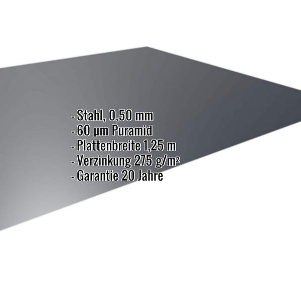 Flachblech Stahl 0,50 mm Anthrazitgrau RAL 7016 mit Puramid Beschichtung und eingeblendeten Eckdaten