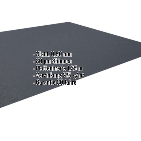 Flachblech Stahl 0,50 mm Anthrazitgrau RAL 7016 mit Shimoco Beschichtung und eingeblendeten Eckdaten