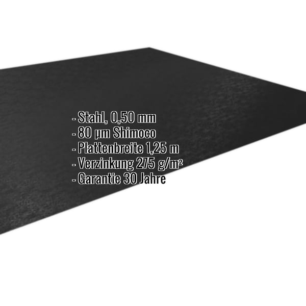 Flachblech Stahl 0,50 mm tiefschwarz RAL 9005 mit 80 µm Shimoco Beschichtung und eingeblendeten Eckdaten
