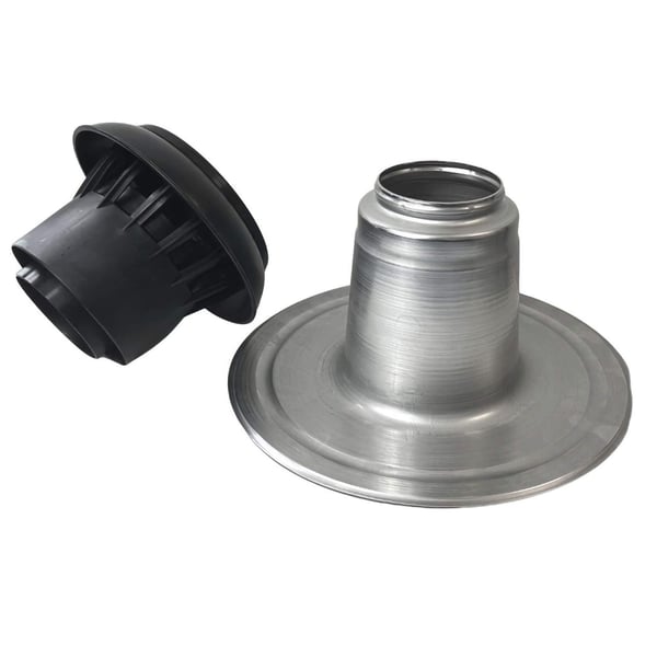 Flachdachentlüfter DACHPROTECT, zerlegt in schwarze Kunststoffhaube und silber-metallic Aluminiumsockel