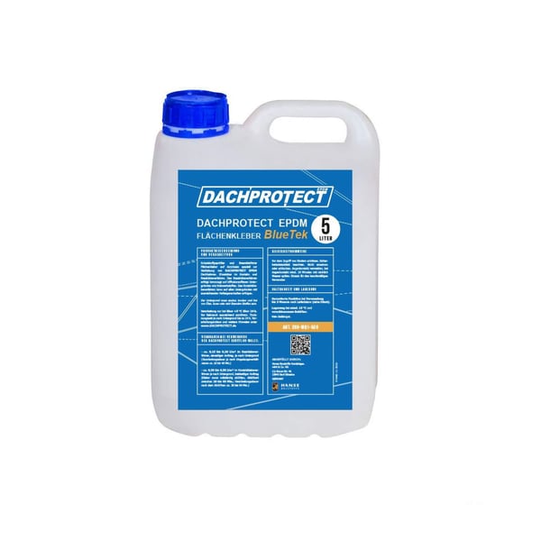 DACHPROTECT Flächenkleber BlueTek 5 Liter Kanister, weißer Klebstoff mit blauem Etikett und blauer Kappe, Infografik