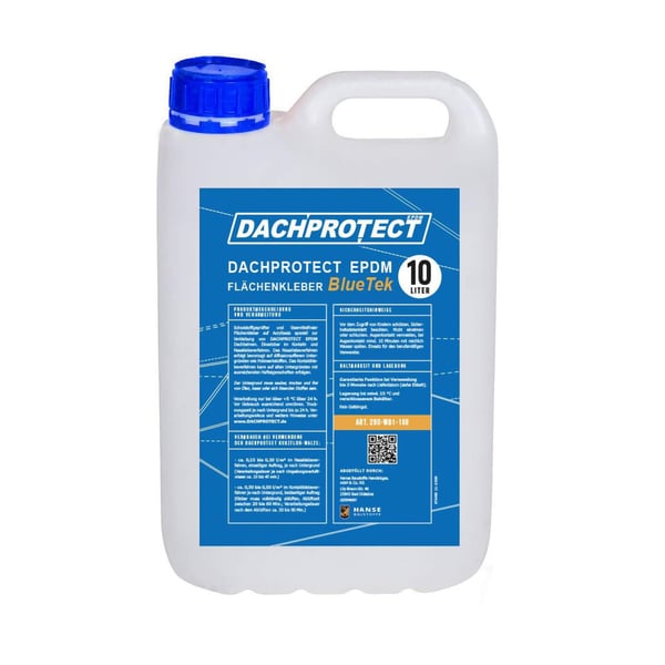 DACHPROTECT BlueTek Flächenkleber 10 Liter Kanister, weiß mit blauer Beschriftung, Infografik mit Eckdaten