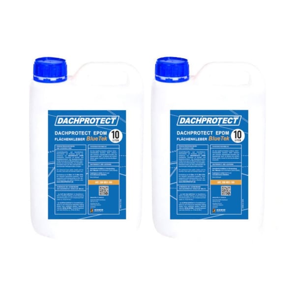 Zwei weiße 10-Liter-Kanister DACHPROTECT Flächenkleber BlueTek mit blauen Deckeln und Etiketten