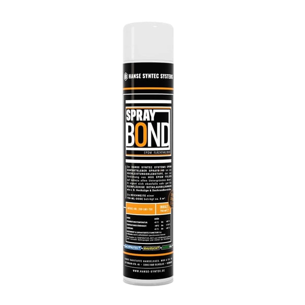 Flächenkleber Spraybond Dose, schwarz-weiß mit orangefarbenen Details und Produktinformationen