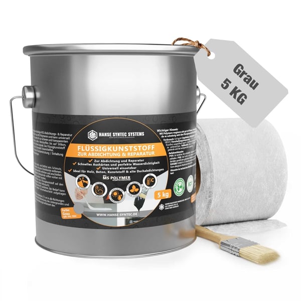 DACHPROTECT Flüssigkunststoff Set, grauer Eimer, Pinsel und Vliesrolle, mit eingeblendeten Eckdaten