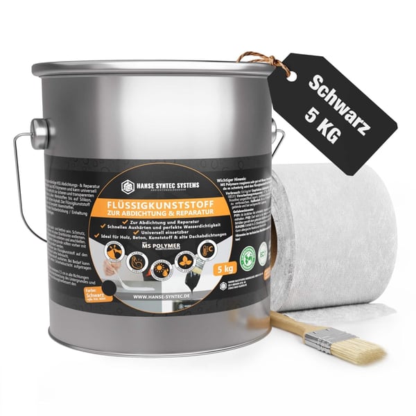 Flüssigkunststoff Set schwarz 5 kg mit Vliesrolle und Pinsel, wichtige Eckdaten eingeblendet