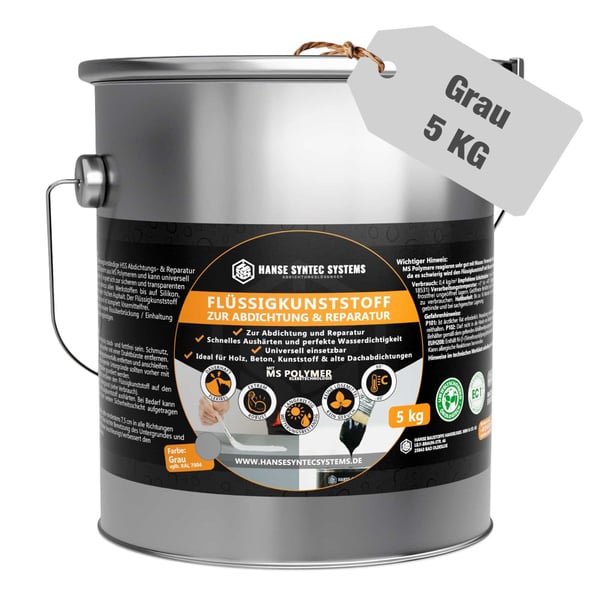 DACHPROTECT Flüssigkunststoff Grau 5 KG Eimer mit Produktinformationen und grauem Etikett