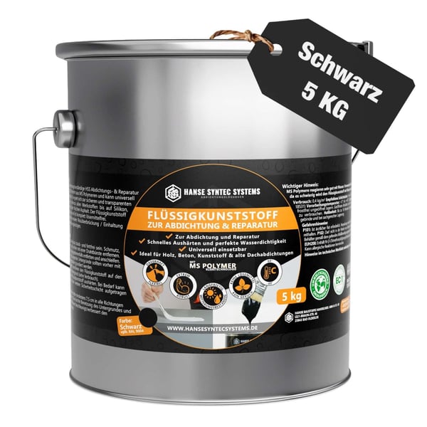Flüssigkunststoff schwarz 5 kg Eimer von DACHPROTECT mit Produktinformationen und schwarzem Etikett