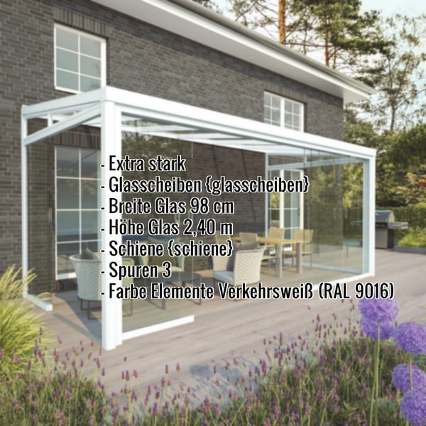 Glasschiebetüren Vorderseite RAL 9016 mit eingeblendeten Eckdaten zu Glasbreite und -höhe