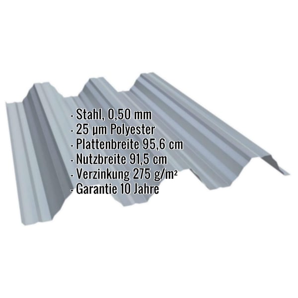 Hochprofil T92P Dachblech Fehgrau, Stahl 0,50 mm, mit eingeblendeten technischen Eckdaten