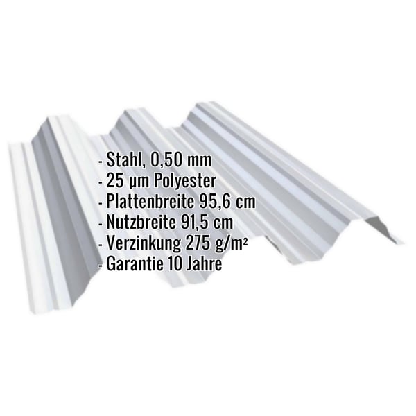 Hochprofil T92P Dachblech Lichtgrau RAL 7035, 0,50 mm Stahl mit 25 µm Polyesterbeschichtung, Eckdaten eingeblendet