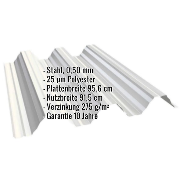 Hochprofil T92P Dachblech Grauweiß RAL 9002 mit eingeblendeten Eckdaten zu Material, Stärke und Beschichtung