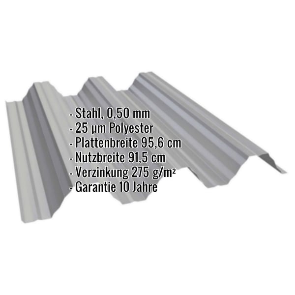Hochprofil T92P Dachblech Graualuminium mit eingeblendeten Eckdaten zu Material, Staerke und Beschichtung