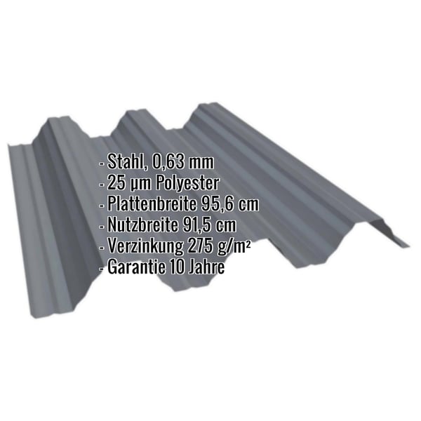 Hochprofil T92P Dachblech Anthrazitgrau RAL 7016 mit 25 µm Polyester Beschichtung und eingeblendeten Eckdaten