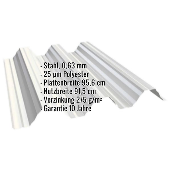 Hochprofil T92P Dachblech Grauweiß mit eingeblendeten Eckdaten zu Material, Stärke und Beschichtung