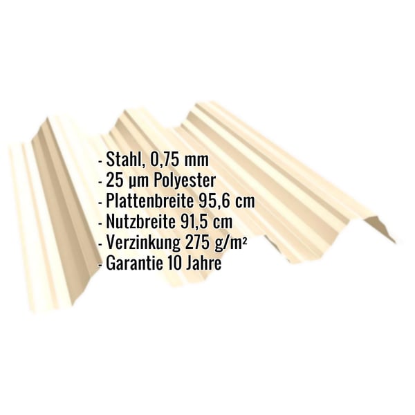 Hochprofil T92P Dachblech Hellelfenbein mit eingeblendeten Eckdaten zu Material, Staerke und Beschichtung