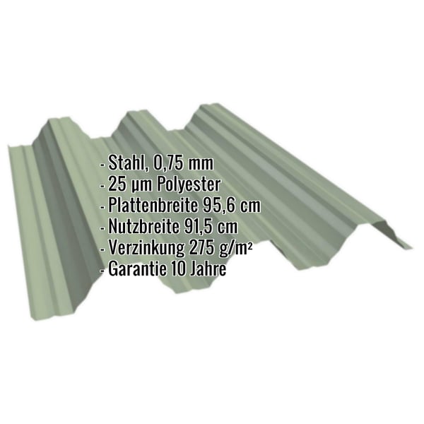 Hochprofil T92P Dachblech Resedagrün, Stahl 0,75 mm, mit eingeblendeten Eckdaten