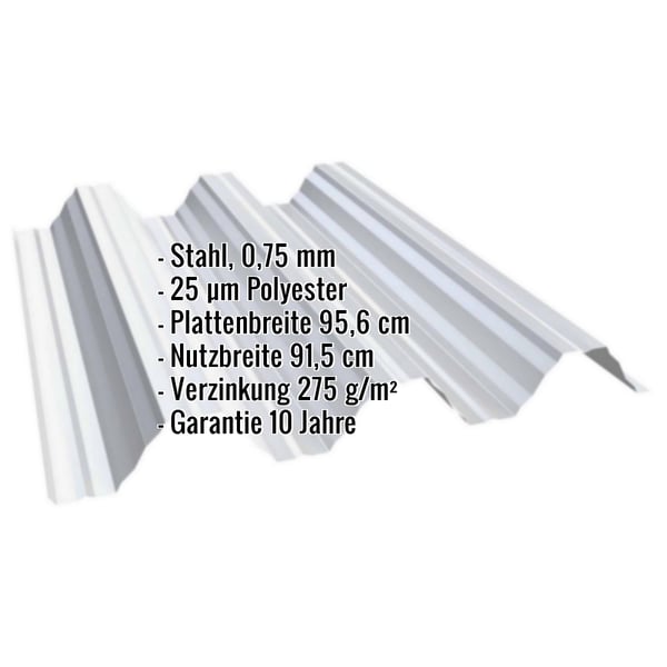 Hochprofil T92P Dachblech Lichtgrau mit eingeblendeten Eckdaten zu Material, Staerke und Abmessungen