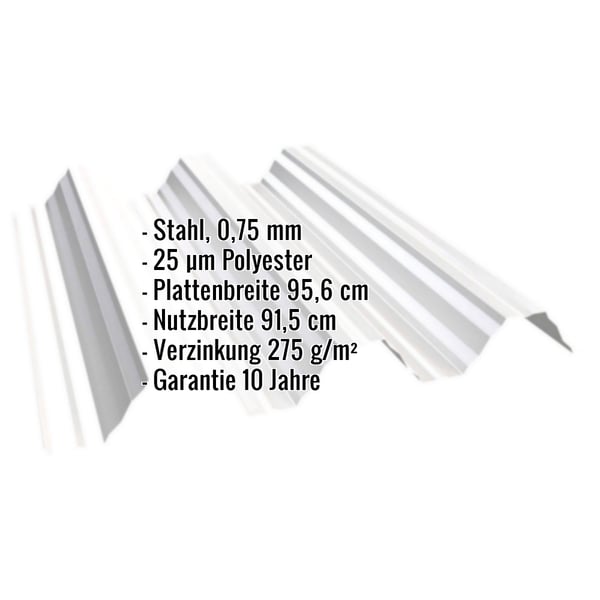 Hochprofil T92P Dachblech Reinweiß, Stahl 0,75 mm, 25 µm Polyester, mit eingeblendeten Eckdaten