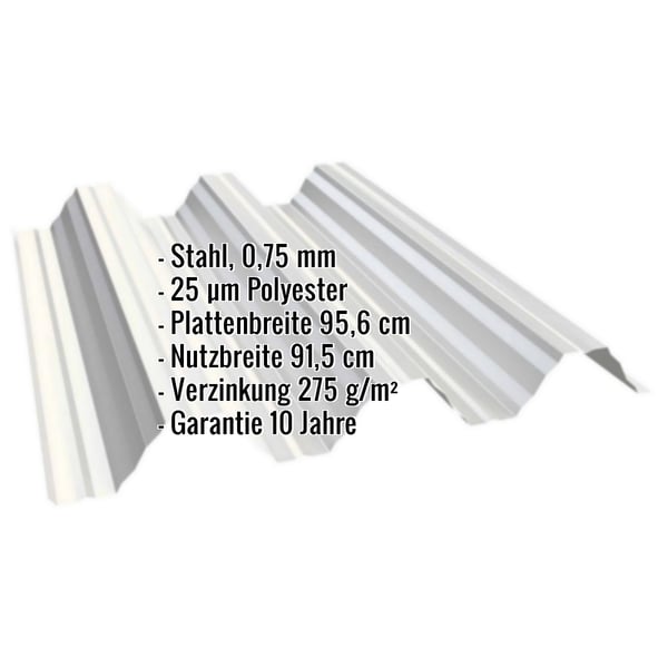Hochprofil T92P Dachblech Grauweiß, 0,75 mm Stahl, mit eingeblendeten Eckdaten
