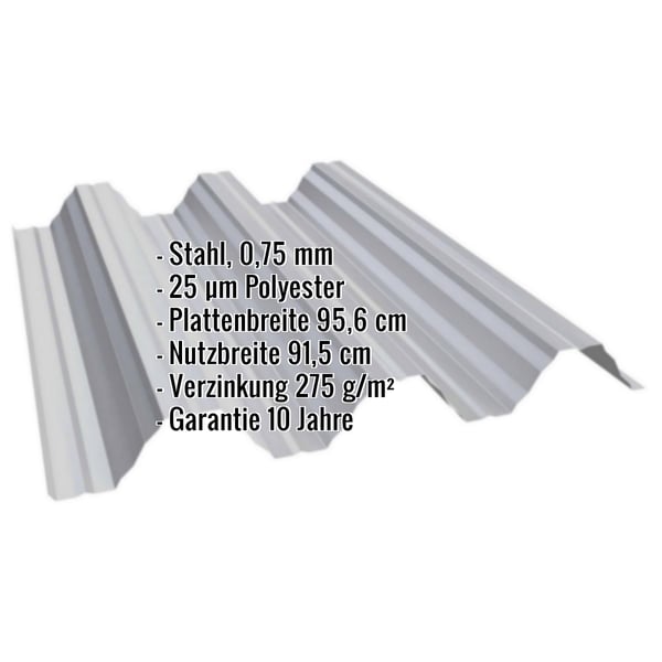 Hochprofil T92P Dachblech Weißaluminium mit eingeblendeten Eckdaten zu Material, Staerke und Massen