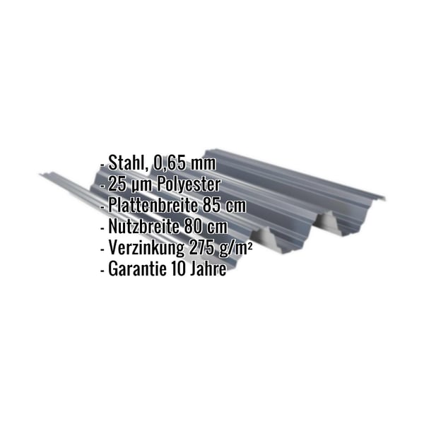 Hochprofil TP104 Dachblech Anthrazitgrau mit eingeblendeten technischen Daten und Garantiehinweis
