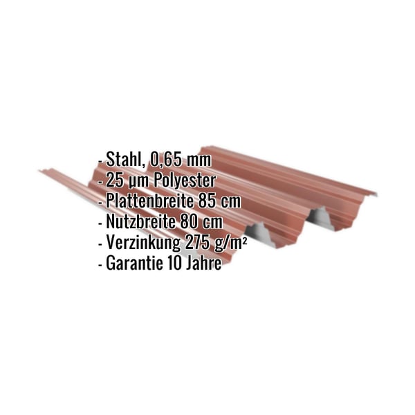 Hochprofil TP104 Dachblech rotbraun, 0,65 mm Stahl, mit eingeblendeten Eckdaten