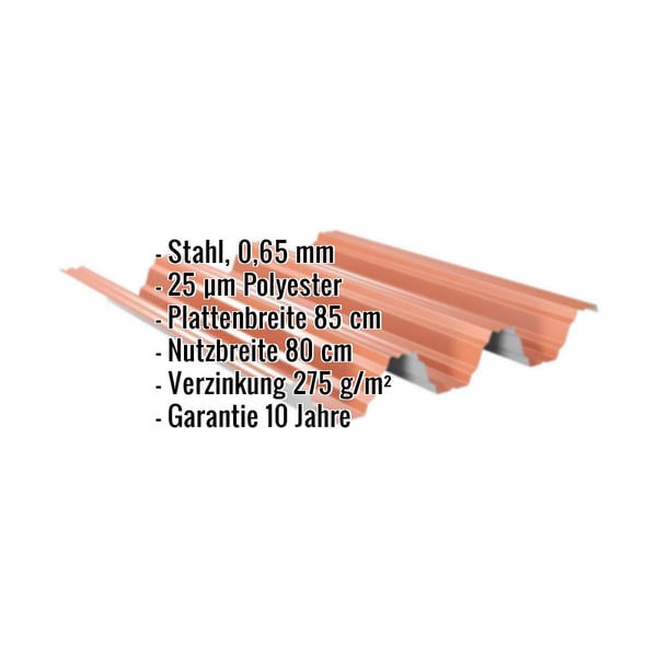 Hochprofil TP104 Dachblech kupferbraun, Stahl 0,65 mm, 25 µm Polyester, Eckdaten eingeblendet