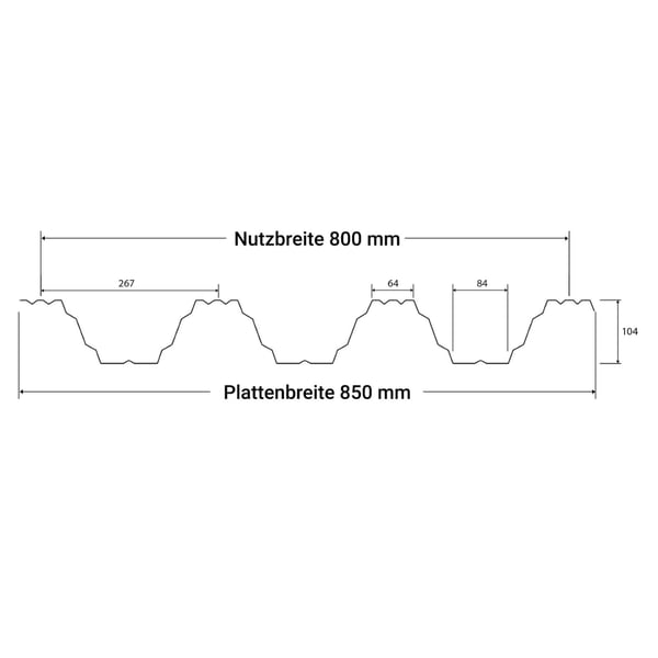 Technische Zeichnung des Hochprofil TP104 mit Massen, Nutzbreite 800 mm, Plattenbreite 850 mm