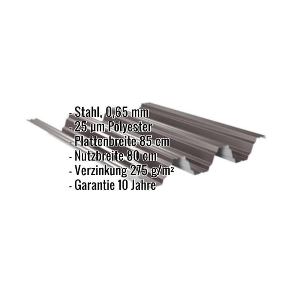 Hochprofil TP104 Dachblech schokoladenbraun, Stahl 0,65 mm, 25 µm Polyester Beschichtung, Eckdaten eingeblendet