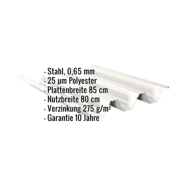 Hochprofil TP104 Dachblech Grauweiß mit eingeblendeten Eckdaten zu Material, Stärke und Beschichtung