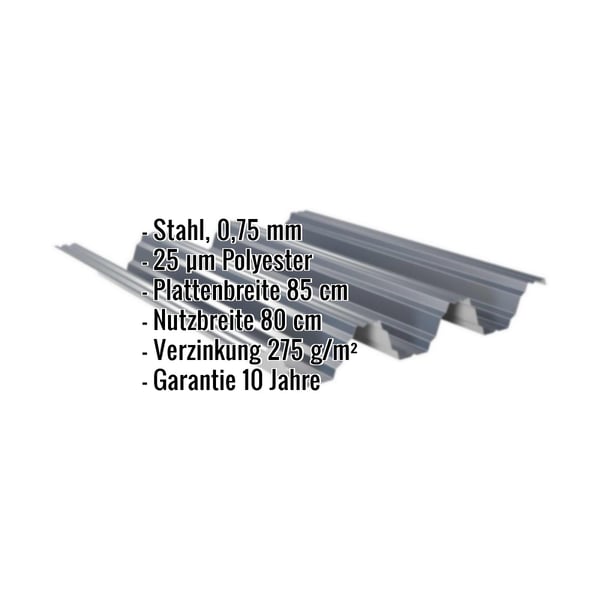 Hochprofil TP104 Anthrazitgrau, 0,75 mm Stahl, mit eingeblendeten Eckdaten zu Material und Massen