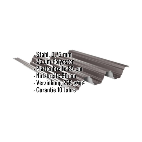 Hochprofil TP104 Dachblech Schokoladenbraun mit eingeblendeten technischen Daten