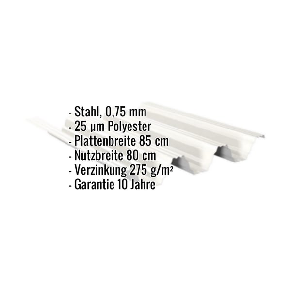 Hochprofil TP104 Dachblech Grauweiß, 0,75 mm Stahl, mit eingeblendeten Eckdaten zu Material und Massen