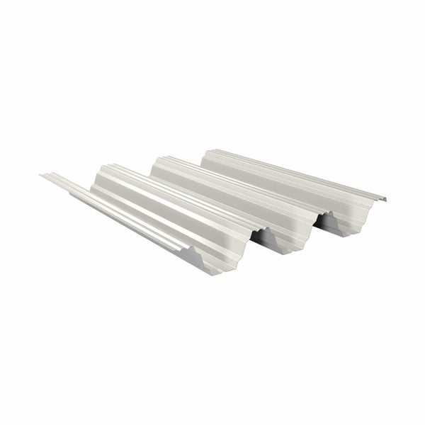 Hochprofil TP104 Dachblech Grauweiß RAL 9002, 0,75 mm Stahl, schräg von oben mit drei Profilwellen