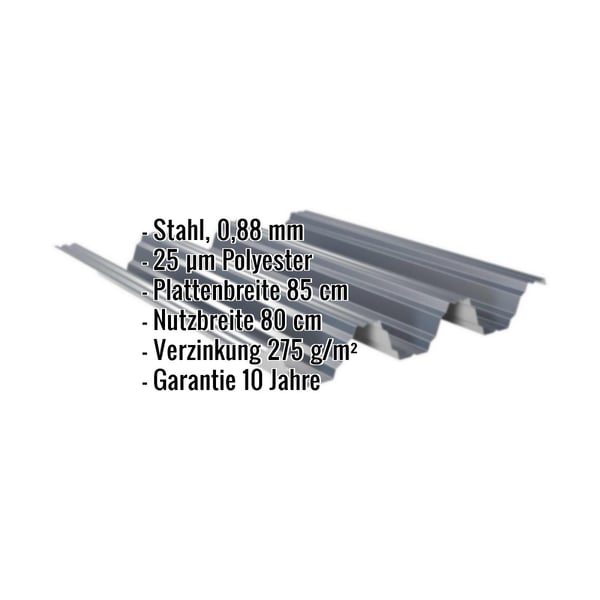 Hochprofil TP104 Anthrazitgrau, Stahl 0,88 mm, mit eingeblendeten Eckdaten zu Material und Massen