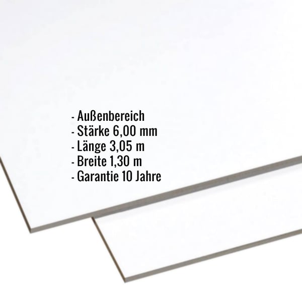 HPL Platte 6 mm, Lichtgrau, mit eingeblendeten Eckdaten zu Staerke, Laenge, Breite und Garantie