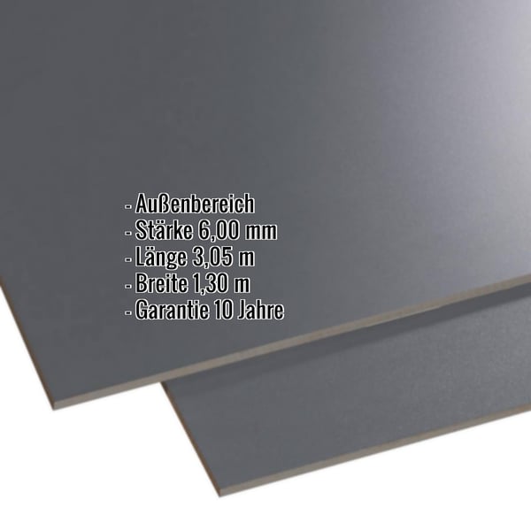 HPL Platte 6 mm Anthrazitgrau, Scobalit, mit eingeblendeten Eckdaten zu Staerke, Laenge, Breite und Garantie