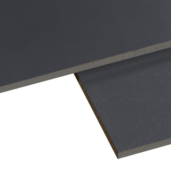 HPL Platte 6 mm Anthrazitgrau, Scobalit, Detailansicht der Kanten und Oberflaeche von zwei Platten