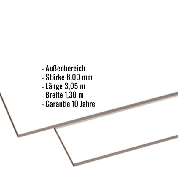 HPL Platte 8 mm Reinweiß, Eckdaten eingeblendet: Außenbereich, Stärke 8,00 mm, Länge 3,05 m, Breite 1,30 m, Garantie 10 Jahre