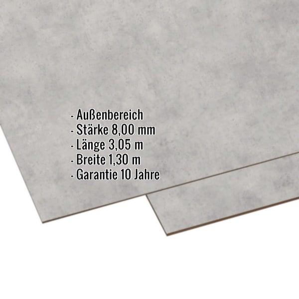 HPL Platte 8 mm Betonoptik, Scobalit, mit eingeblendeten Eckdaten zu Außenbereich, Stärke, Länge, Breite, Garantie
