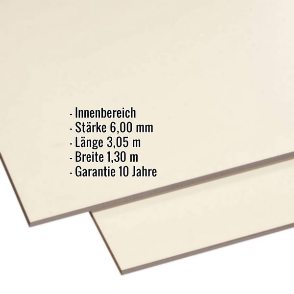 HPL Platte 6 mm Beige mit eingeblendeten Eckdaten zu Staerke, Laenge, Breite und Garantie