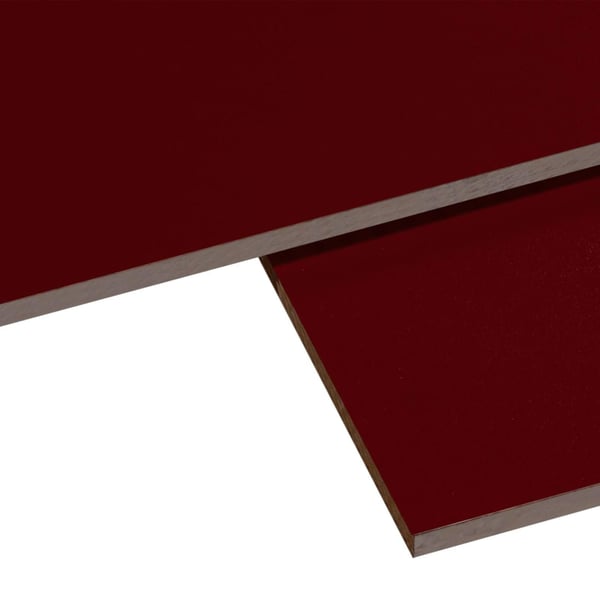 HPL Platte 6 mm Oxidrot, Detailansicht der Kanten und Oberfläche von zwei übereinander liegenden Platten