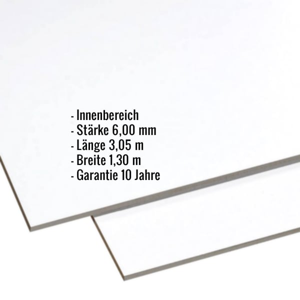 HPL Platte 6 mm lichtgrau, Eckdaten eingeblendet: Innenbereich, Stärke 6,00 mm, Länge 3,05 m, Breite 1,30 m, Garantie 10