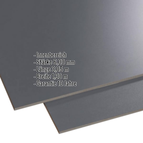 HPL Platte 6 mm Anthrazitgrau, Hauptansicht mit eingeblendeten Eckdaten zu Staerke, Laenge und Garantie